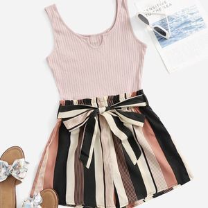 New Notched Neck Block Stripe Belted Tank Romper Pink Brown